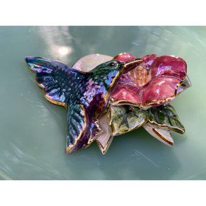 Vintage 1980s Ceramic Artist Made Humming BIrd Flower Brooch